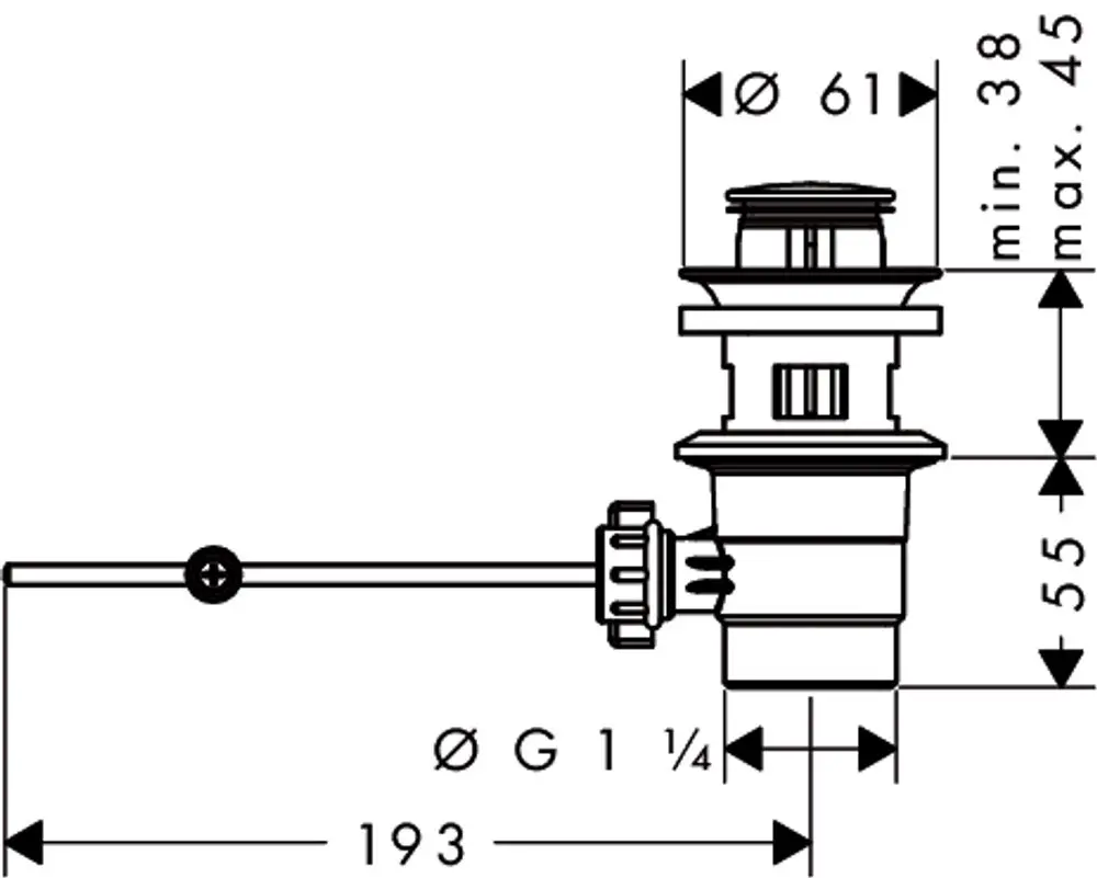 Ablaufventil aus Kunststoff mit Edelstahlblende, dargestellt in technischem Diagramm mit Maßangaben und Anschlussdetails. Produkt von Hansgrohe.